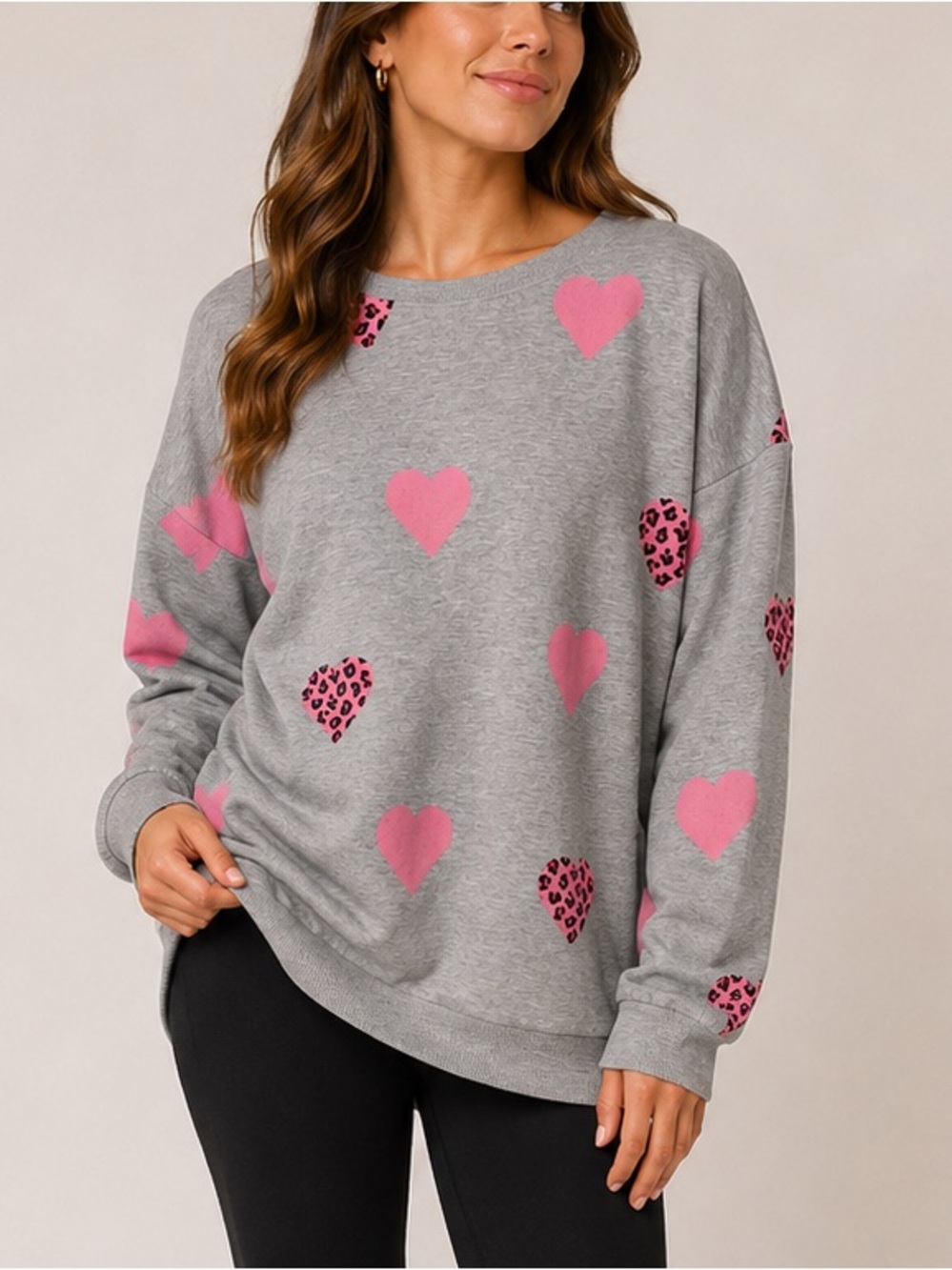 Cato Est. 1946 Gray Crewneck Sweater with Pink Heart Print